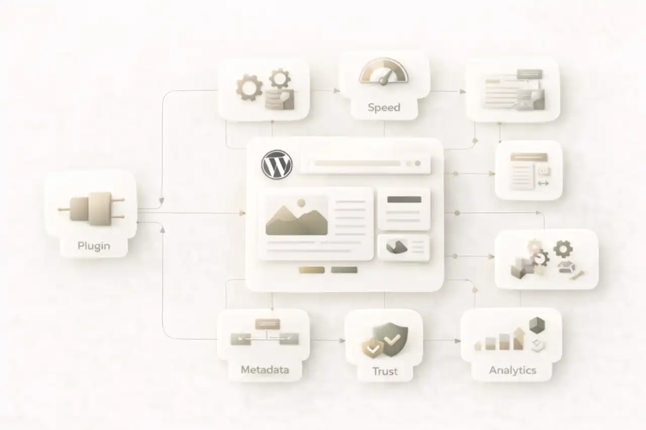 Illustration für SEO für WordPress als System aus Inhalten Struktur internen Links und technischer Basis
