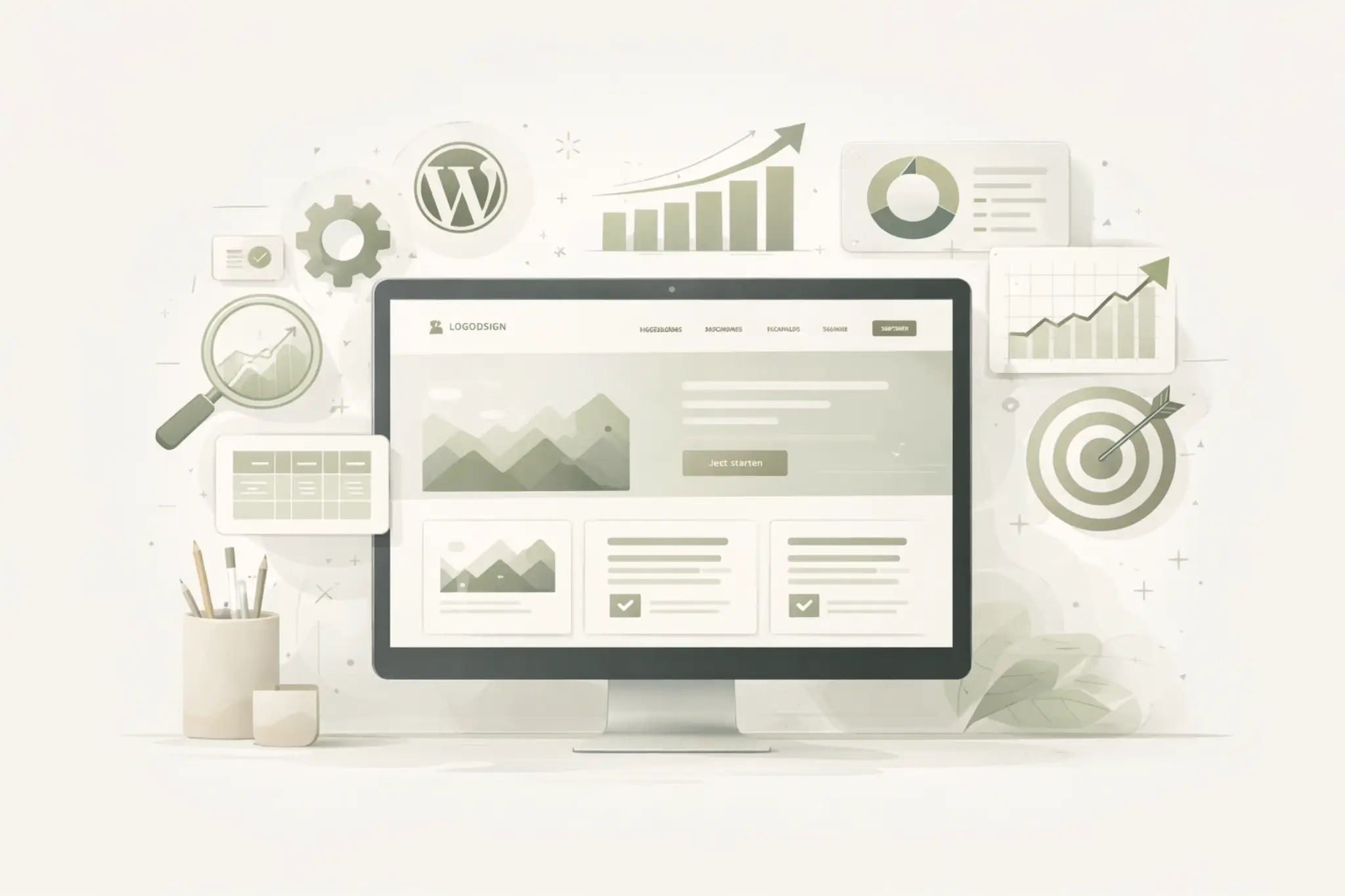 Illustration für professionelles WordPress Webdesign mit klarer Struktur und moderner Unternehmenswebsite